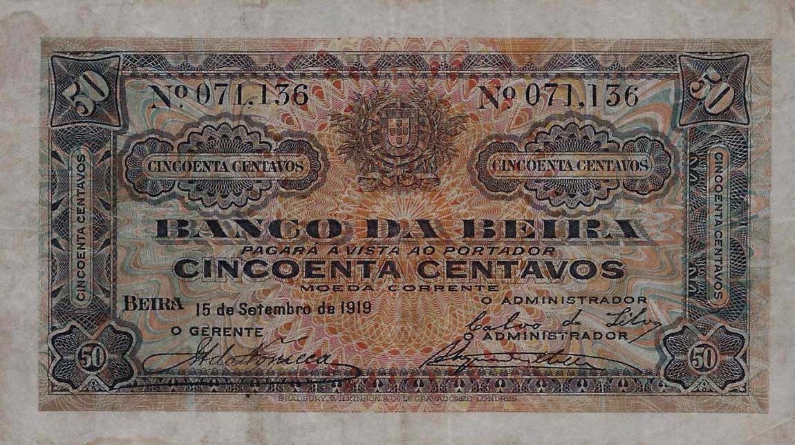 Front of Mozambique pR3a: 50 Centavos from 1919
