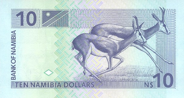 Back of Namibia p1a: 10 Namibia Dollars from 1993