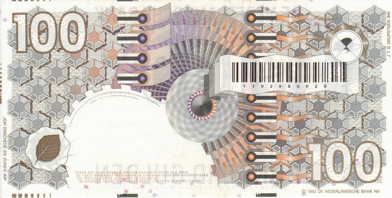 Back of Netherlands p101a: 100 Gulden from 1992