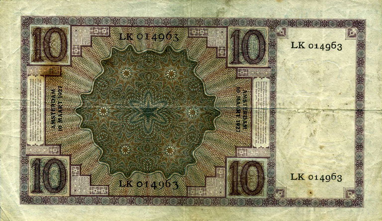 Back of Netherlands p43b: 10 Gulden from 1924