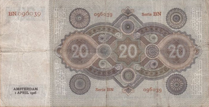 Back of Netherlands p44: 20 Gulden from 1926