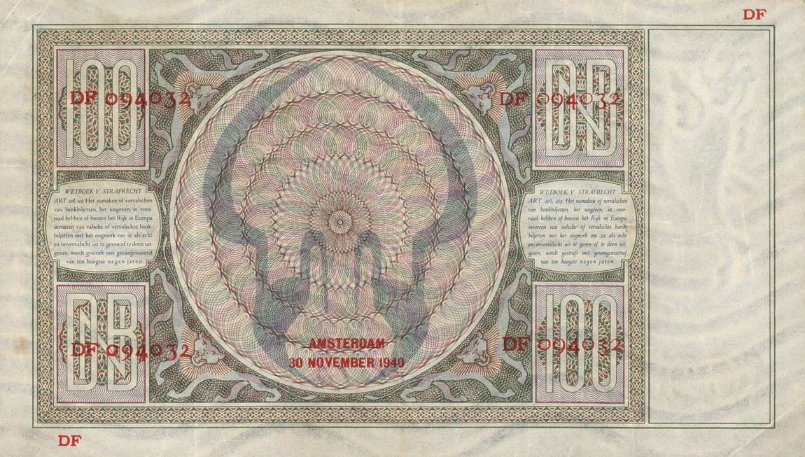 Back of Netherlands p51b: 100 Gulden from 1939