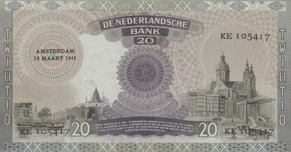 Back of Netherlands p54: 20 Gulden from 1939