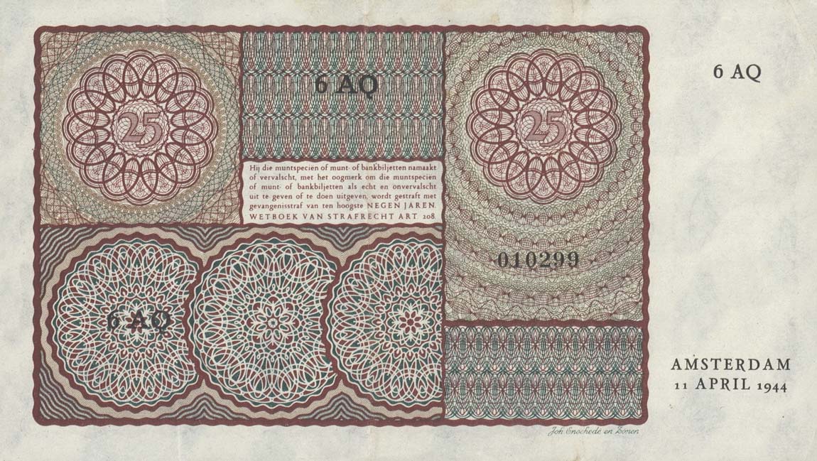 Back of Netherlands p60: 25 Gulden from 1943