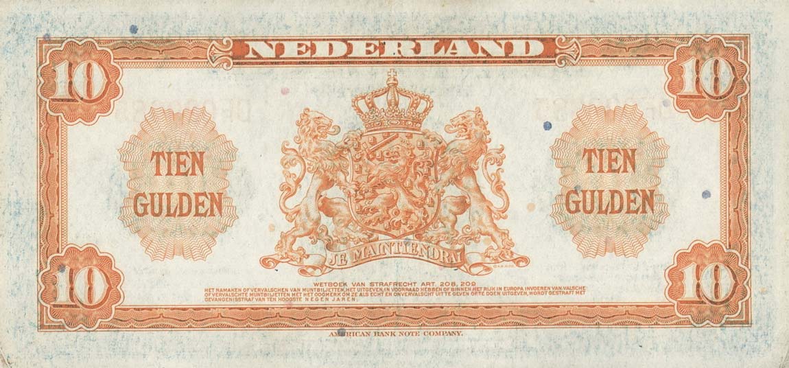 Back of Netherlands p66a: 10 Gulden from 1943