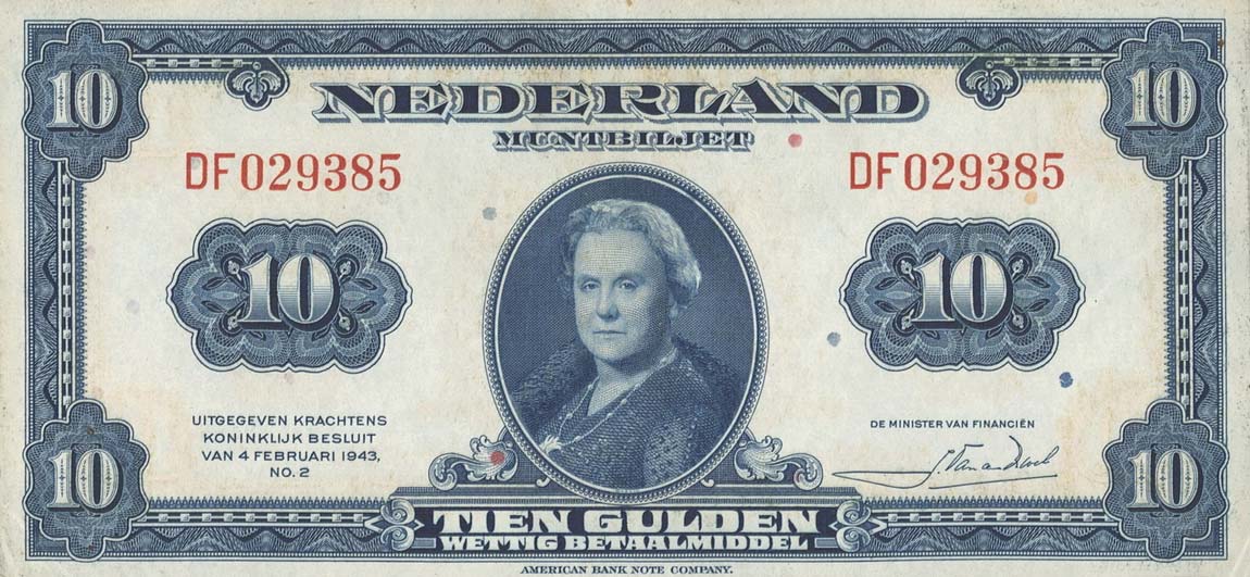 Front of Netherlands p66a: 10 Gulden from 1943