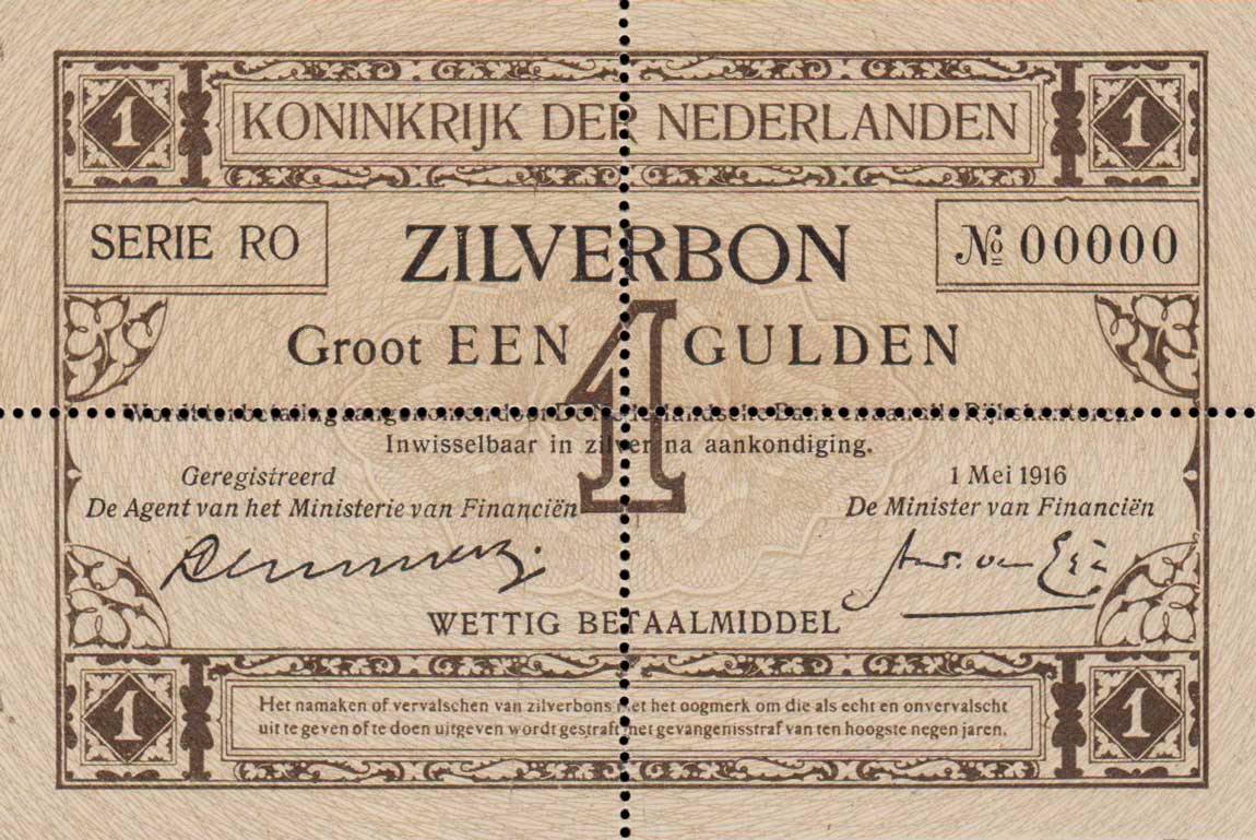 Front of Netherlands p8s: 1 Gulden from 1916