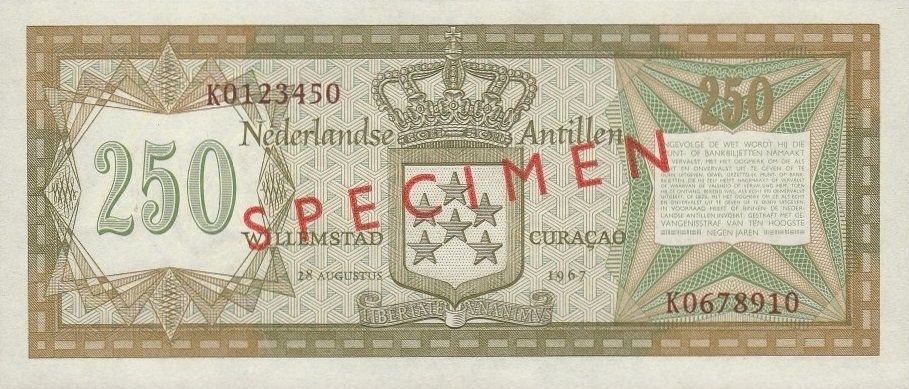 Back of Netherlands Antilles p13s: 250 Gulden from 1967