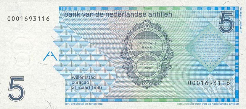 Back of Netherlands Antilles p22a: 5 Gulden from 1986