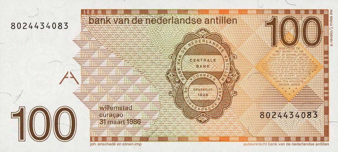 Back of Netherlands Antilles p26a: 100 Gulden from 1986