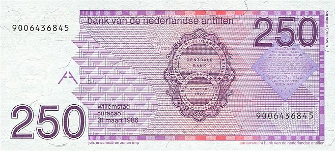 Back of Netherlands Antilles p27a: 250 Gulden from 1986