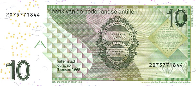 Back of Netherlands Antilles p28a: 10 Gulden from 1998