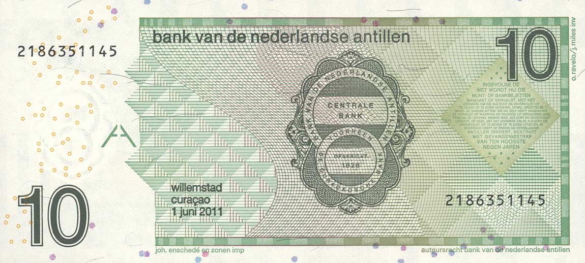 Back of Netherlands Antilles p28e: 10 Gulden from 2011