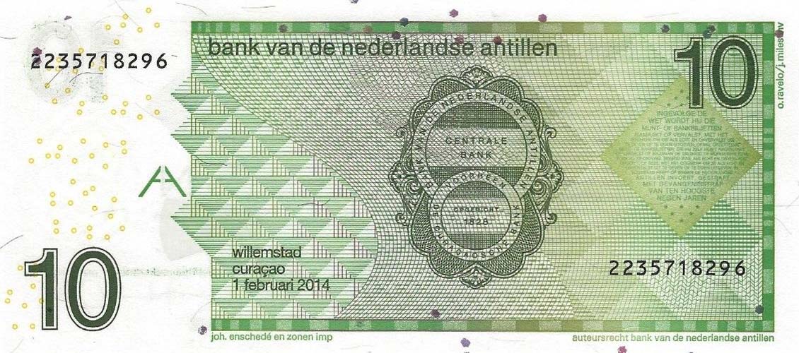 Back of Netherlands Antilles p28g: 10 Gulden from 2014