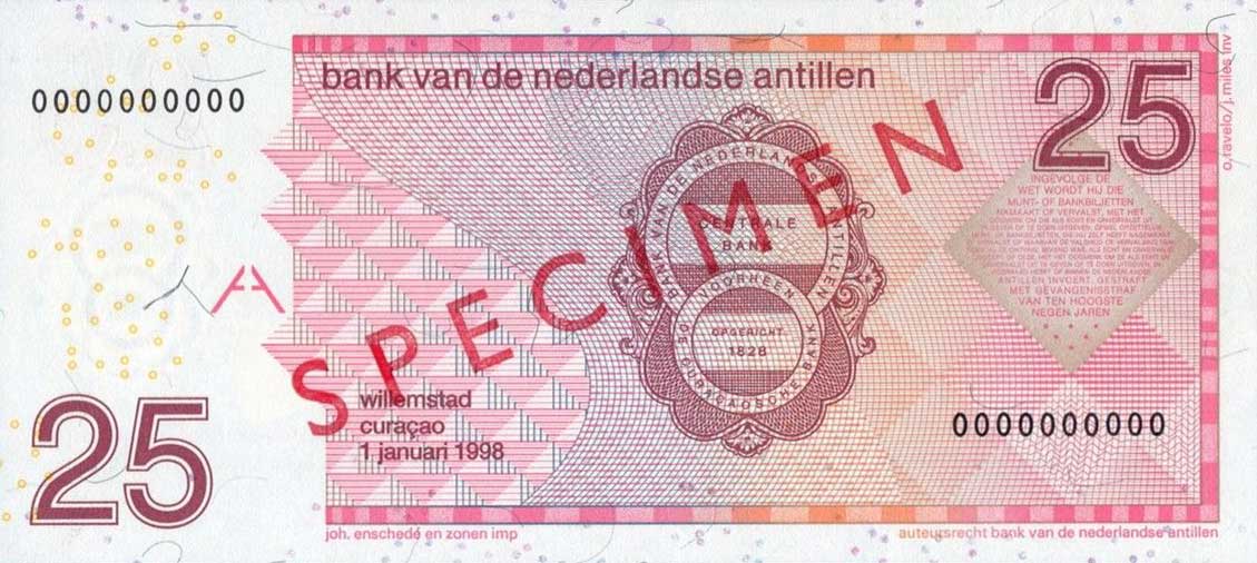 Back of Netherlands Antilles p29s: 25 Gulden from 1998