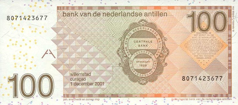 Back of Netherlands Antilles p31b: 100 Gulden from 2001