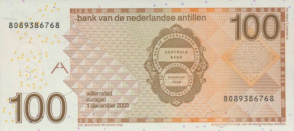 Back of Netherlands Antilles p31c: 100 Gulden from 2003