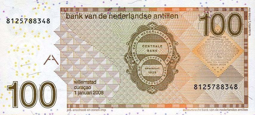 Back of Netherlands Antilles p31e: 100 Gulden from 2008