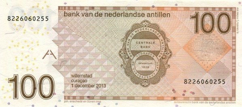 Back of Netherlands Antilles p31g: 100 Gulden from 2013