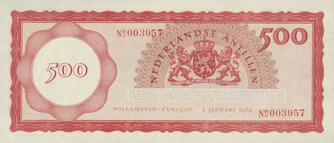 Back of Netherlands Antilles p7a: 500 Gulden from 1962