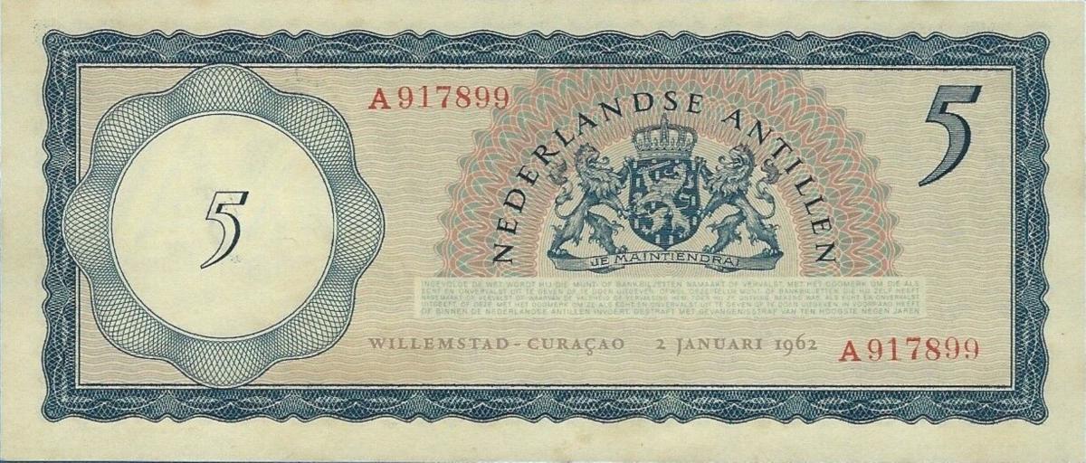 Back of Netherlands Antilles p1b: 5 Gulden from 1962