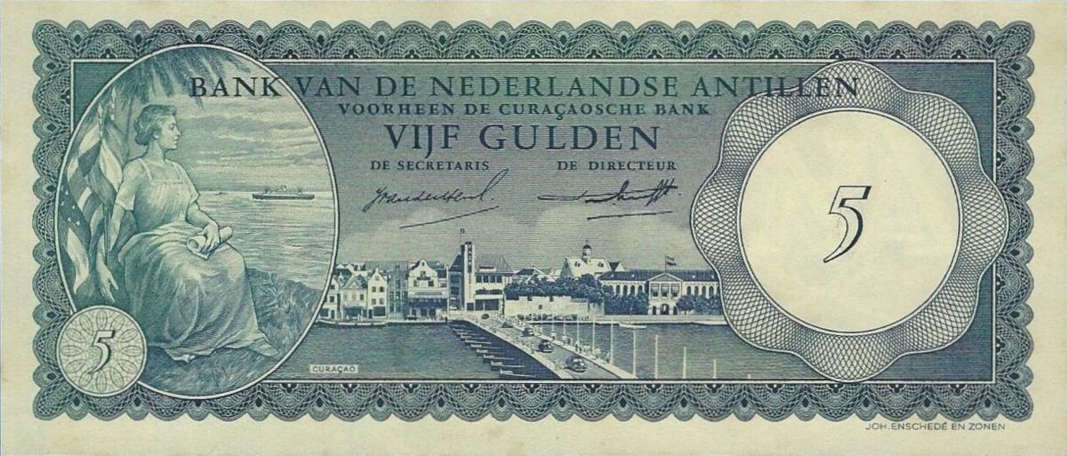 Front of Netherlands Antilles p1b: 5 Gulden from 1962