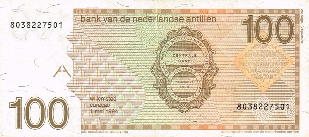 Back of Netherlands Antilles p26c: 100 Gulden from 1994