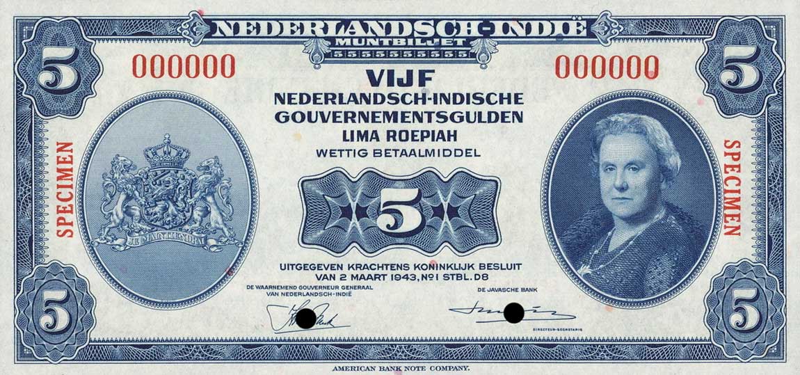 Front of Netherlands Indies p113s: 5 Gulden from 1943
