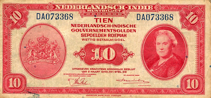 Front of Netherlands Indies p114a: 10 Gulden from 1943