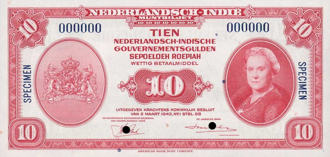 Front of Netherlands Indies p114s: 10 Gulden from 1943