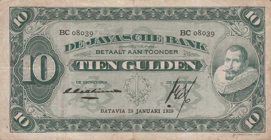 Front of Netherlands Indies p70b: 10 Gulden from 1929