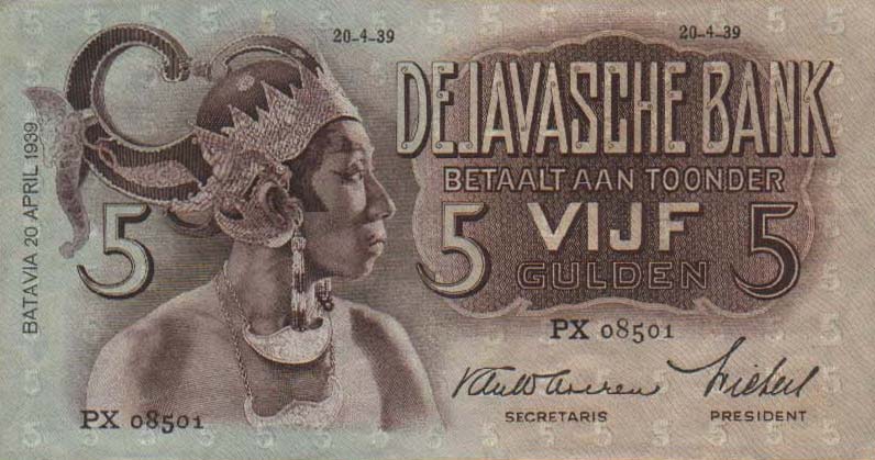 Front of Netherlands Indies p78c: 5 Gulden from 1939