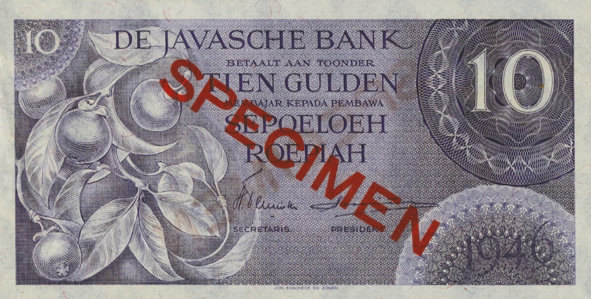 Front of Netherlands Indies p90s: 10 Gulden from 1946