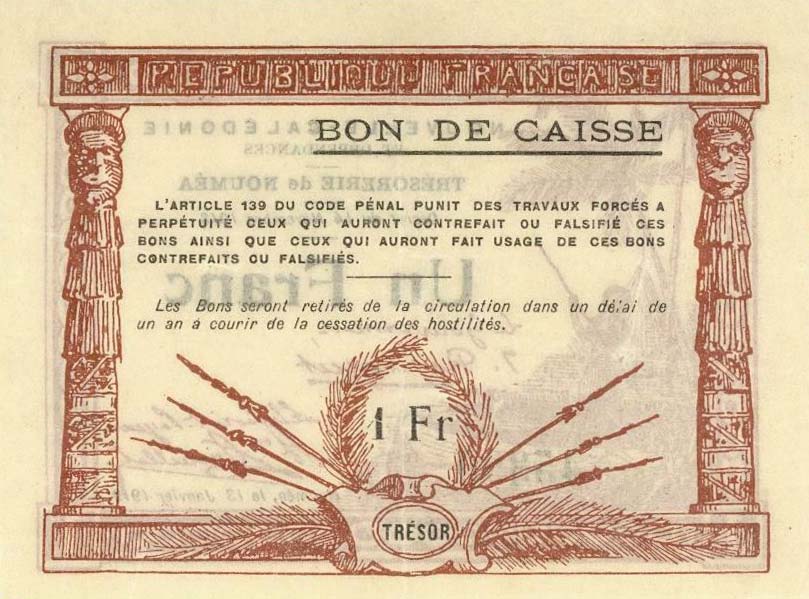 Back of New Caledonia p34b: 1 Franc from 1918