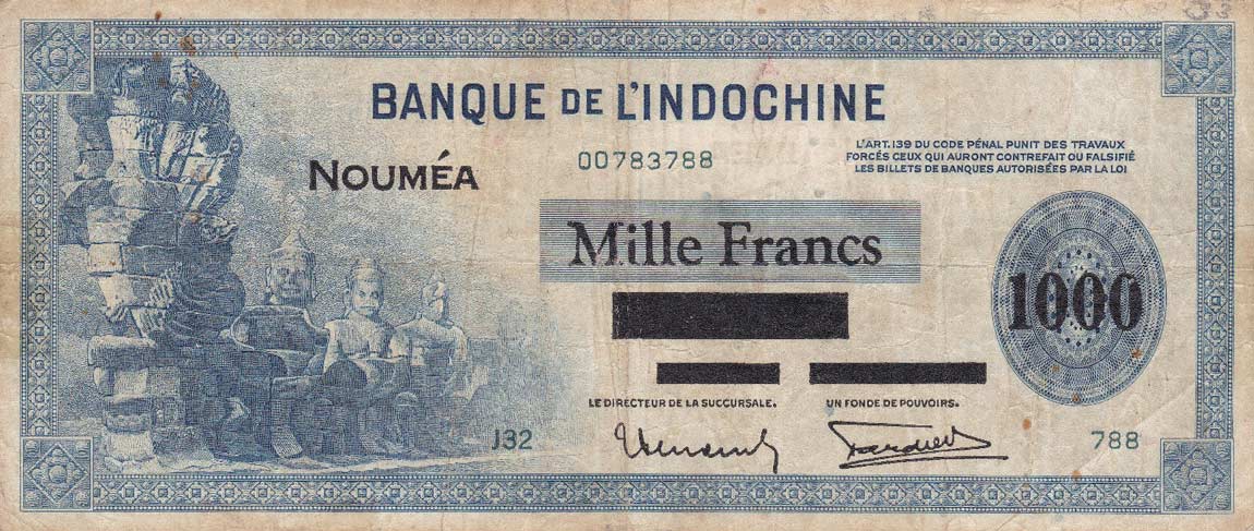 Front of New Caledonia p45: 1000 Francs from 1943