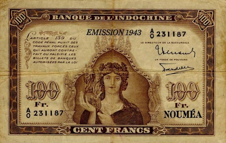 Front of New Caledonia p46a: 100 Francs from 1943