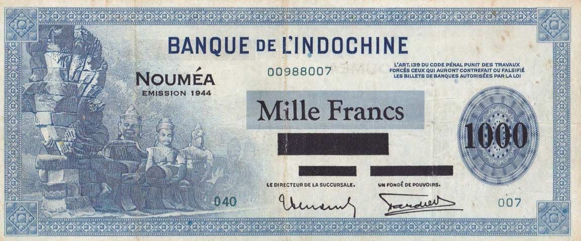 Front of New Caledonia p47b: 1000 Francs from 1944