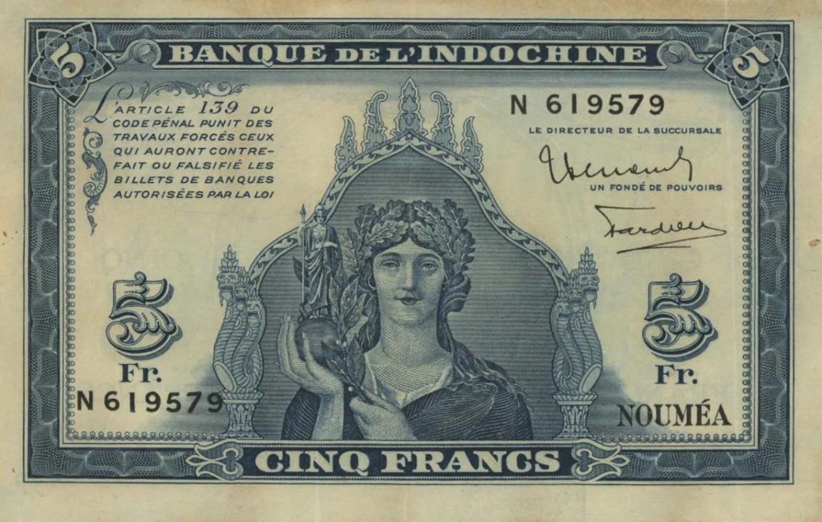 Front of New Caledonia p48: 5 Francs from 1944