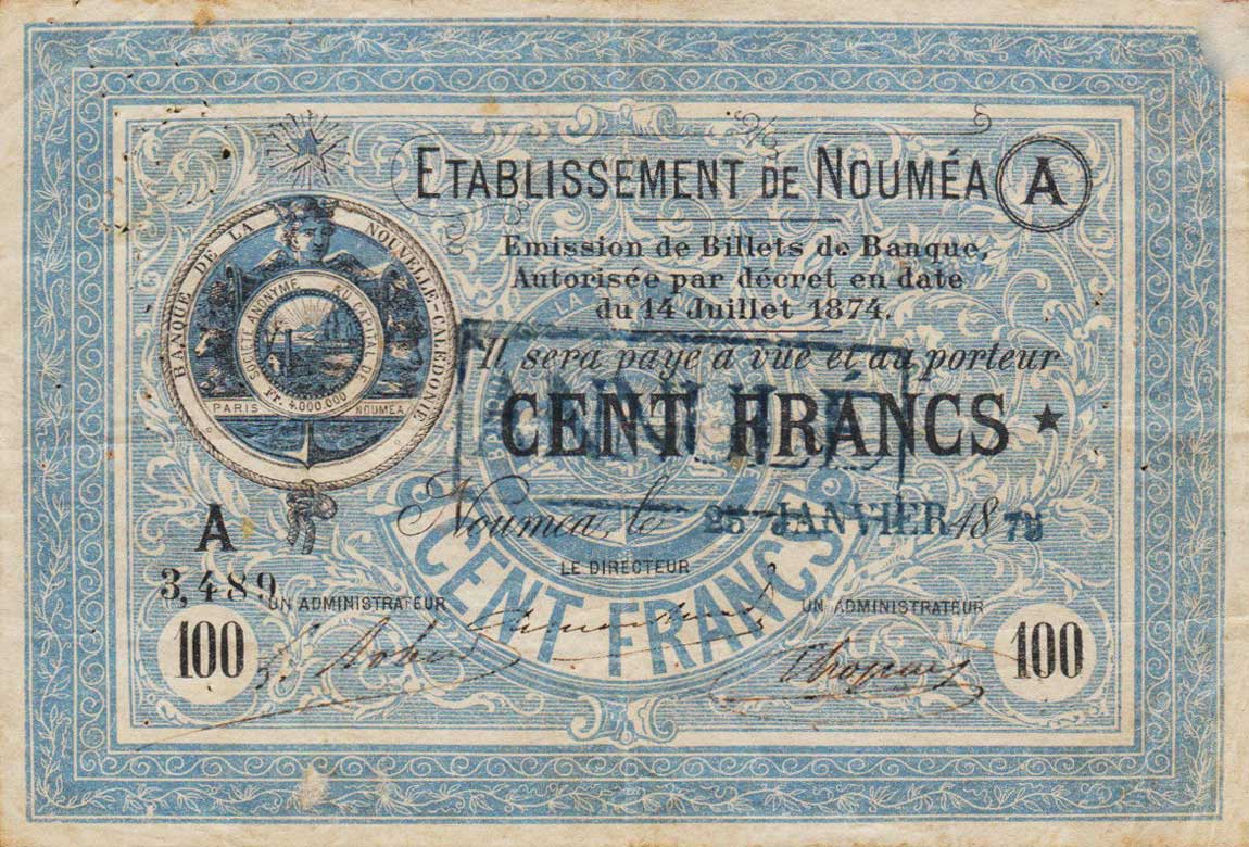 Front of New Caledonia p4: 100 Francs from 1874