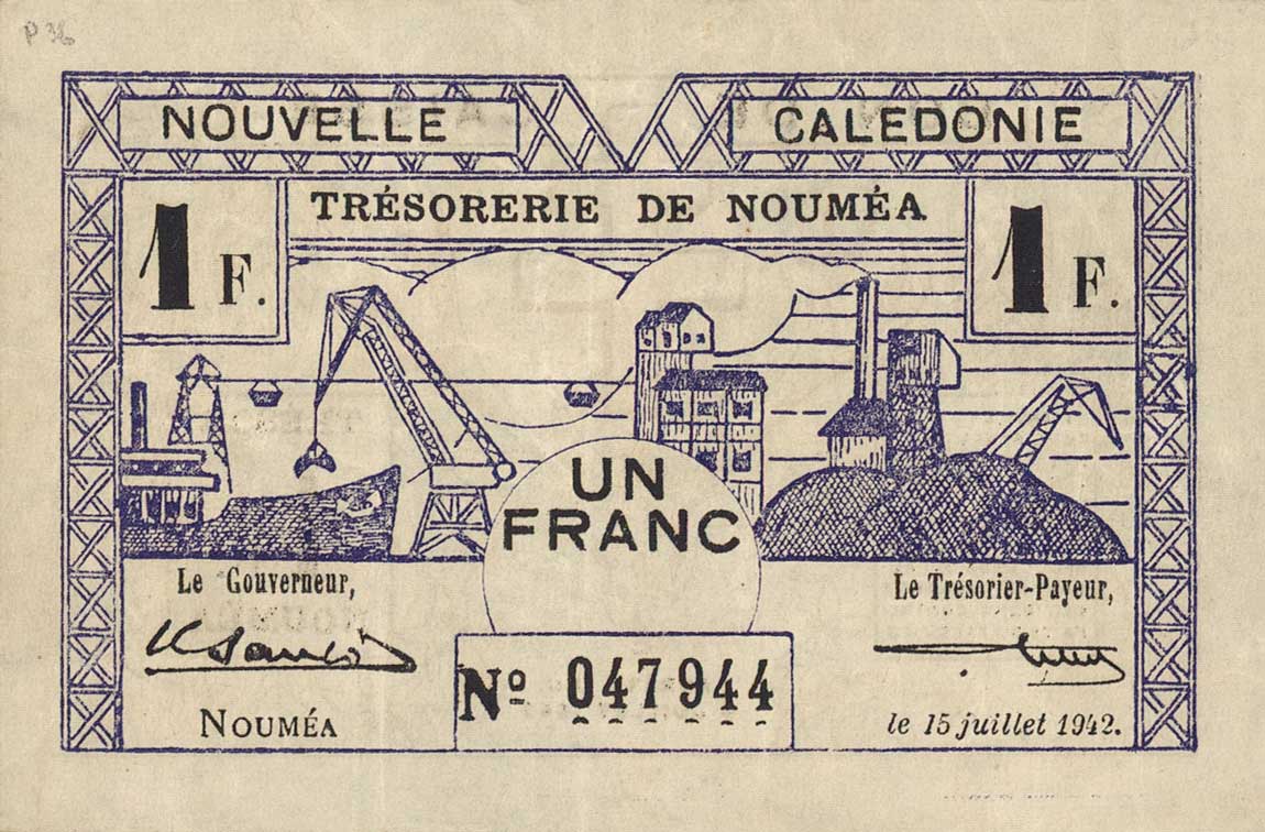 Front of New Caledonia p52: 1 Franc from 1942