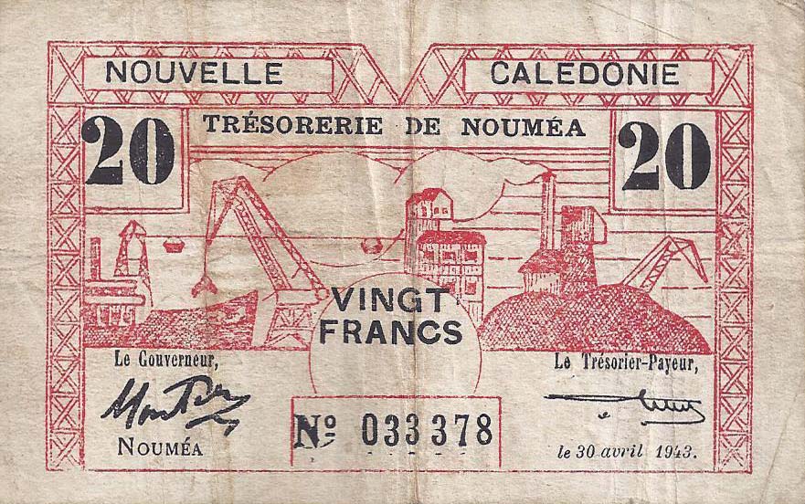 Front of New Caledonia p57a: 20 Francs from 1943