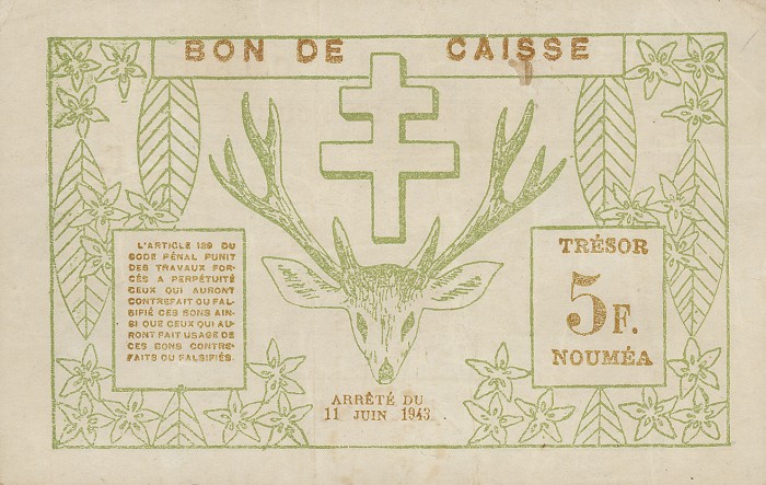 Back of New Caledonia p58: 5 Francs from 1943