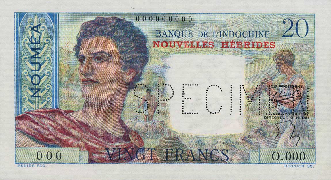 Front of New Hebrides p8s: 20 Francs from 1941