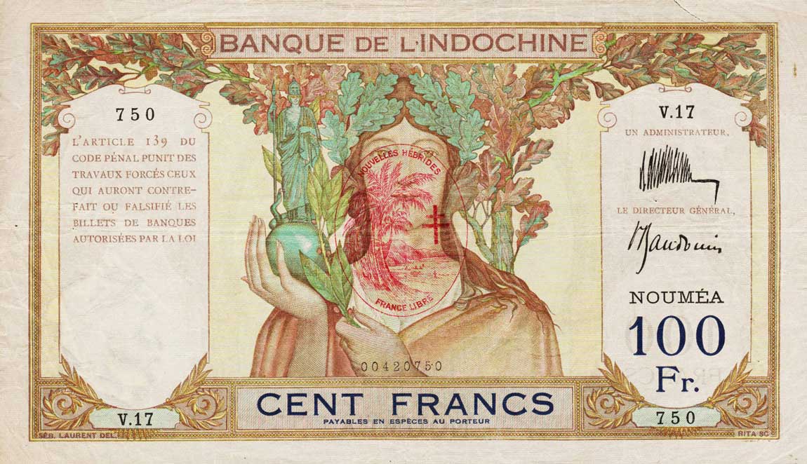 Front of New Hebrides p9a: 100 Francs from 1941