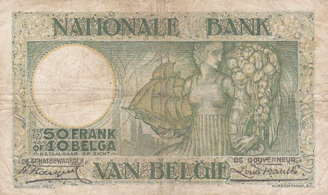Back of Belgium p101a: 50 Francs from 1928
