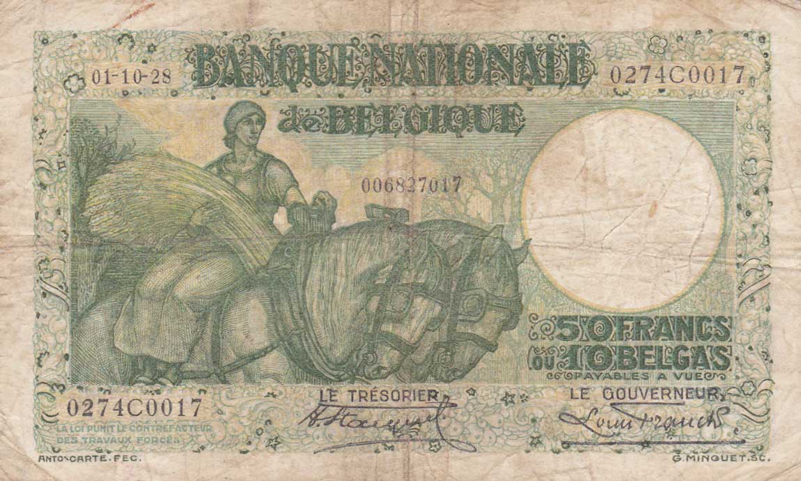Front of Belgium p101a: 50 Francs from 1928