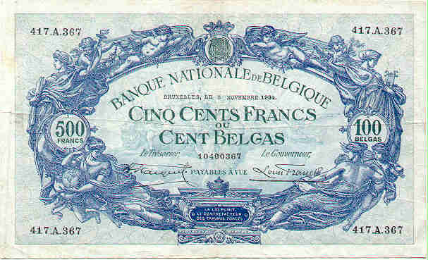 Front of Belgium p103a: 500 Francs from 1927