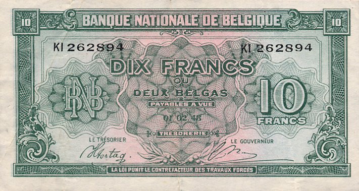 Front of Belgium p122a: 10 Francs from 1943