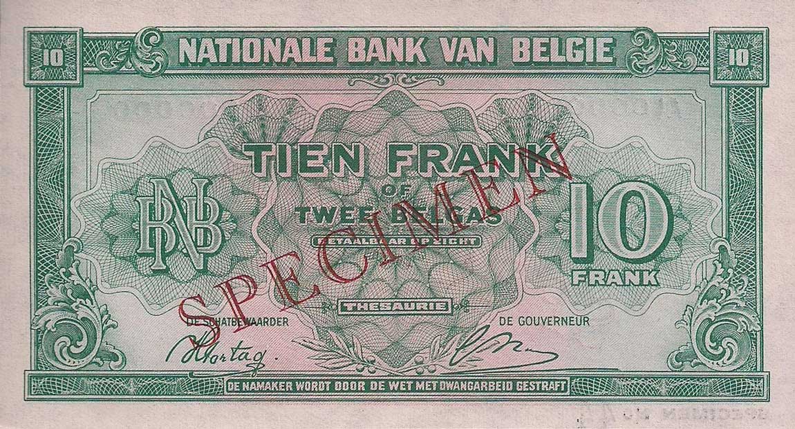 Back of Belgium p122s: 10 Francs from 1943