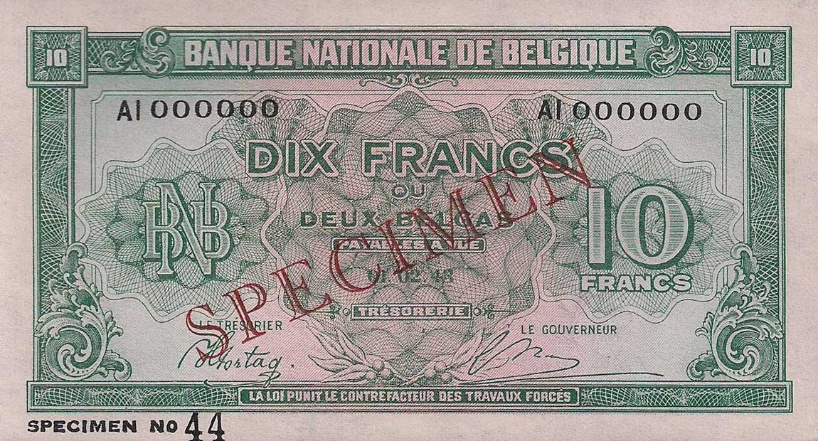 Front of Belgium p122s: 10 Francs from 1943